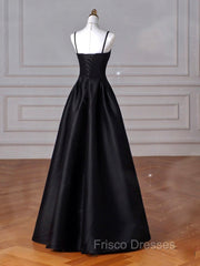 A-Line  Satin Black Long Formal Prom Dress, Black Long Evening Dress