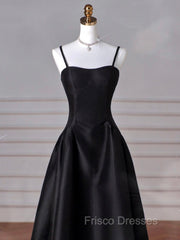 A-Line  Satin Black Long Formal Prom Dress, Black Long Evening Dress