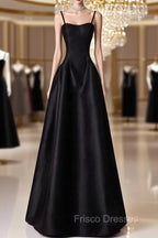 A-Line  Satin Black Long Formal Prom Dress, Black Long Evening Dress