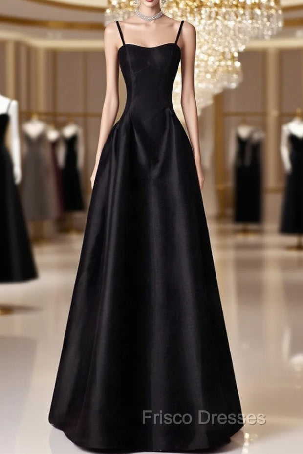 A-Line  Satin Black Long Formal Prom Dress, Black Long Evening Dress