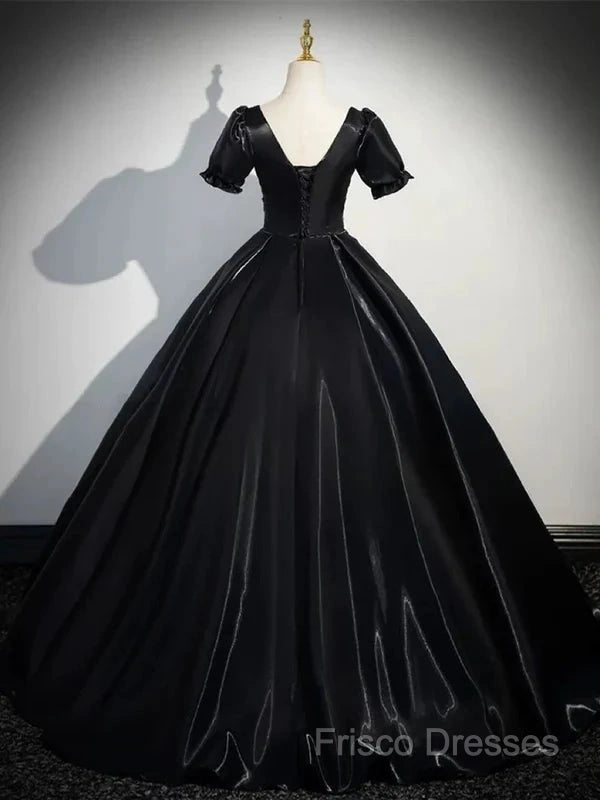 A-Line Satin Black Long Formal Prom Dress Quinceanera Dress Short Sleeves Formal Dress Secondary image