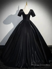 A-Line Satin Black Long Prom Dress Quinceanera Dress Short Sleeves Evening Dress