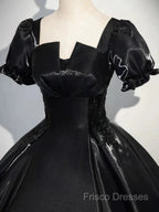 A-Line Satin Black Long Formal Prom Dress Quinceanera Dress Short Sleeves Formal Dress