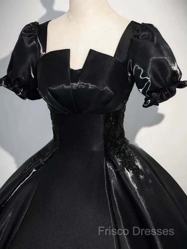 A-Line Satin Black Long Formal Prom Dress Quinceanera Dress Short Sleeves Formal Dress