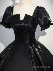 A-Line Satin Black Long Prom Dress Quinceanera Dress Short Sleeves Evening Dress
