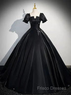 A-Line Satin Black Long Formal Prom Dress Quinceanera Dress Short Sleeves Formal Dress