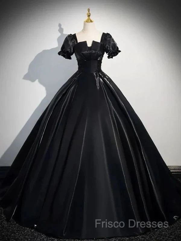 A-Line Satin Black Long Formal Prom Dress Quinceanera Dress Short Sleeves Formal Dress