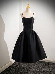 A-Line Satin Black Satin Short Prom Dress, Black Homecoming Dress