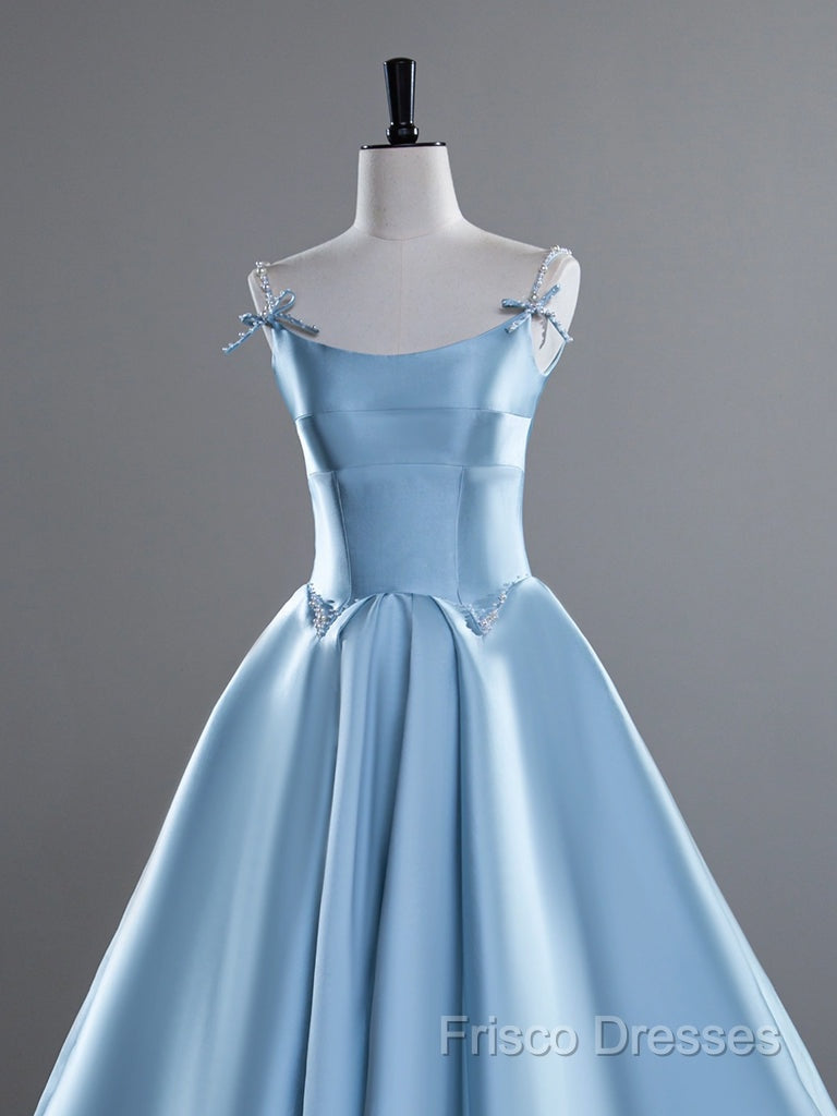 A-Line Satin Blue Long Formal Prom Dress, Blue Long Formal Dress