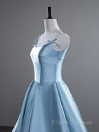A-Line Satin Blue Long Formal Prom Dress, Blue Long Formal Dress