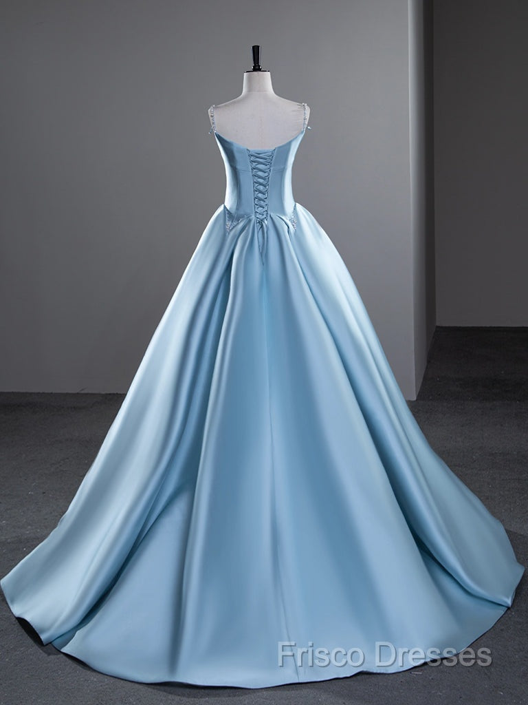 A-Line Satin Blue Long Formal Prom Dress, Blue Long Formal Dress