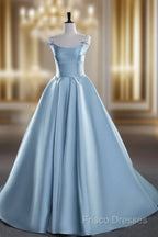 A-Line Satin Blue Long Formal Prom Dress, Blue Long Formal Dress