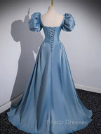 A-Line Satin Blue Long Formal Prom Dress, Blue Long Formal Dress