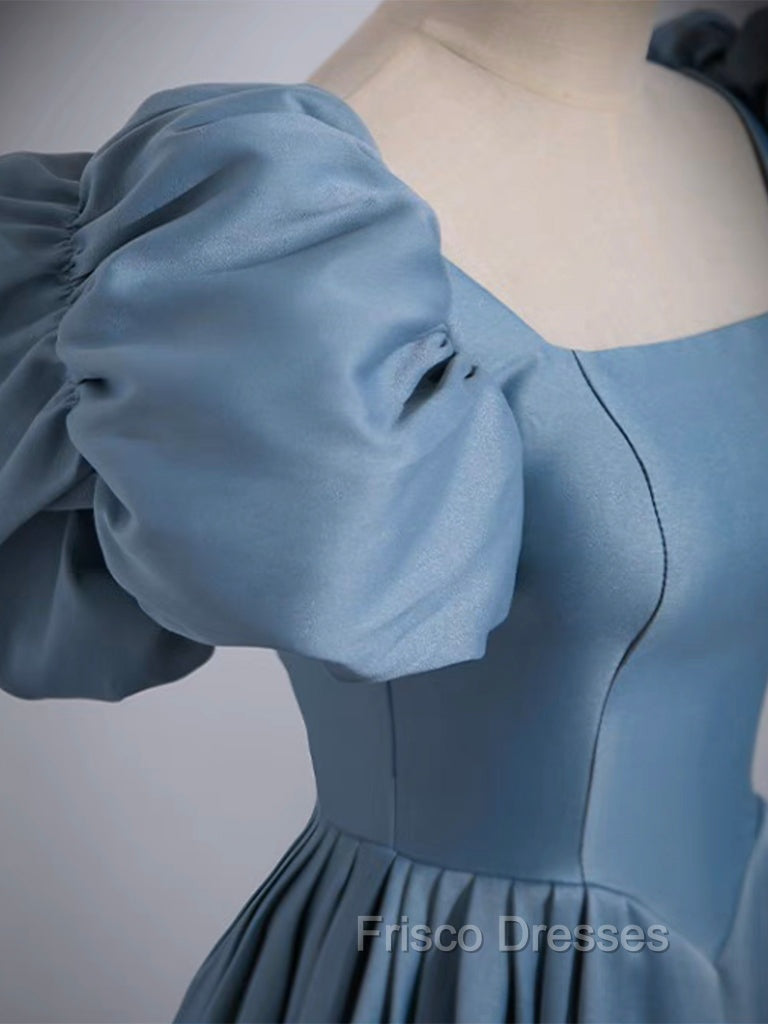 A-Line Satin Blue Long Formal Prom Dress, Blue Long Formal Dress