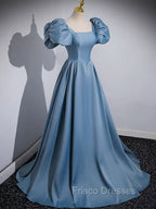 A-Line Satin Blue Long Formal Prom Dress, Blue Long Formal Dress