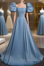 A-Line Satin Blue Long Formal Prom Dress, Blue Long Formal Dress