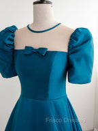 A-Line Satin Blue Long Formal Prom Dress, Blue Long Formal Evening Dress