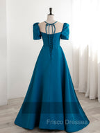A-Line Satin Blue Long Formal Prom Dress, Blue Long Formal Evening Dress