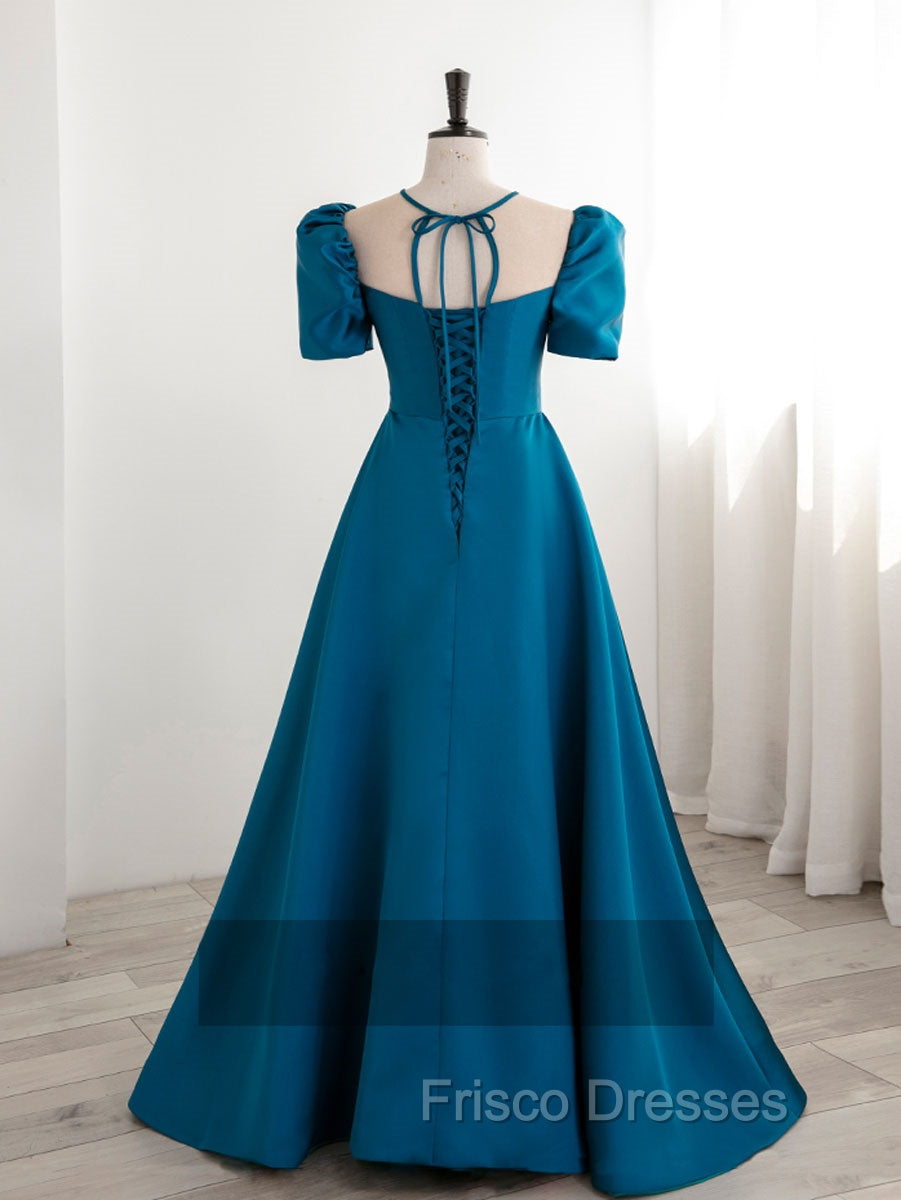 A-Line Satin Blue Long Formal Prom Dress, Blue Long Formal Evening Dress