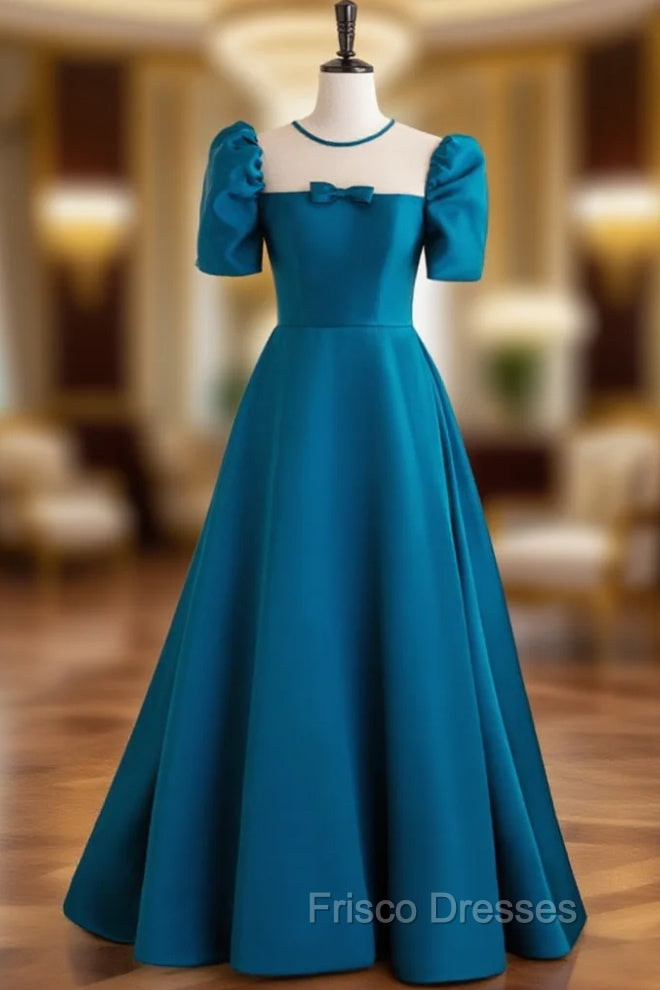 A-Line Satin Blue Long Formal Prom Dress, Blue Long Formal Evening Dress Main image