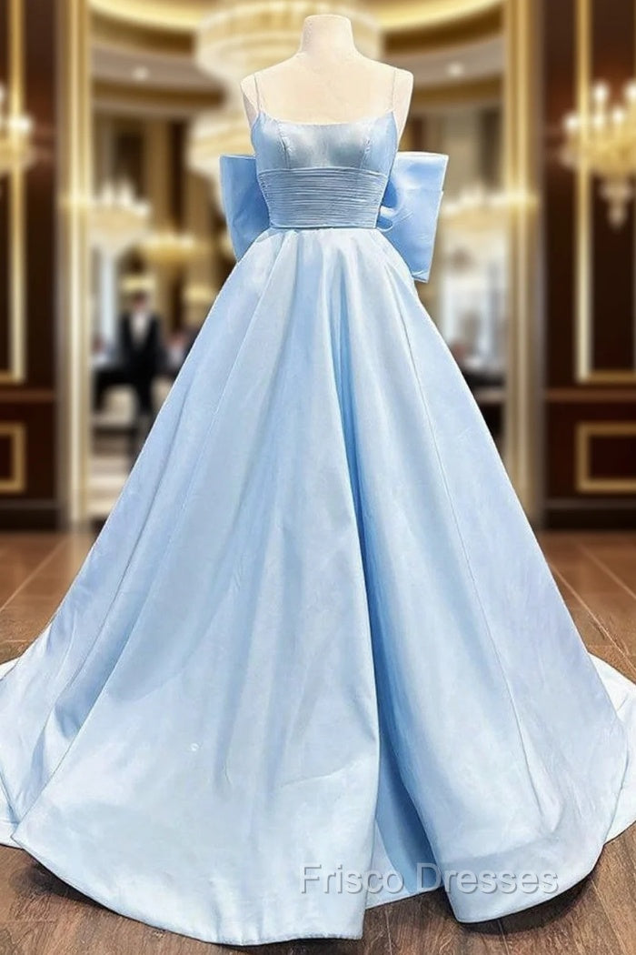 A-Line Satin Blue Long Formal Prom Dress, Blue Long Graduation Dress