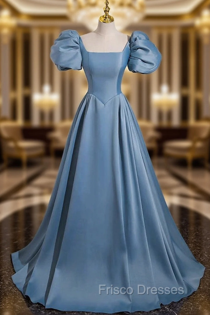 A-Line Satin Blue Long Formal Prom Dress, Blue Satin Long Evening Dress