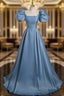 A-Line Satin Blue Long Formal Prom Dress, Blue Satin Long Evening Dress