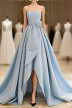 A-Line Satin Blue Long Formal Prom Dress, Blue Satin Long Formal Dress