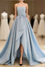 A-Line Satin Blue Long Formal Prom Dress, Blue Satin Long Formal Dress