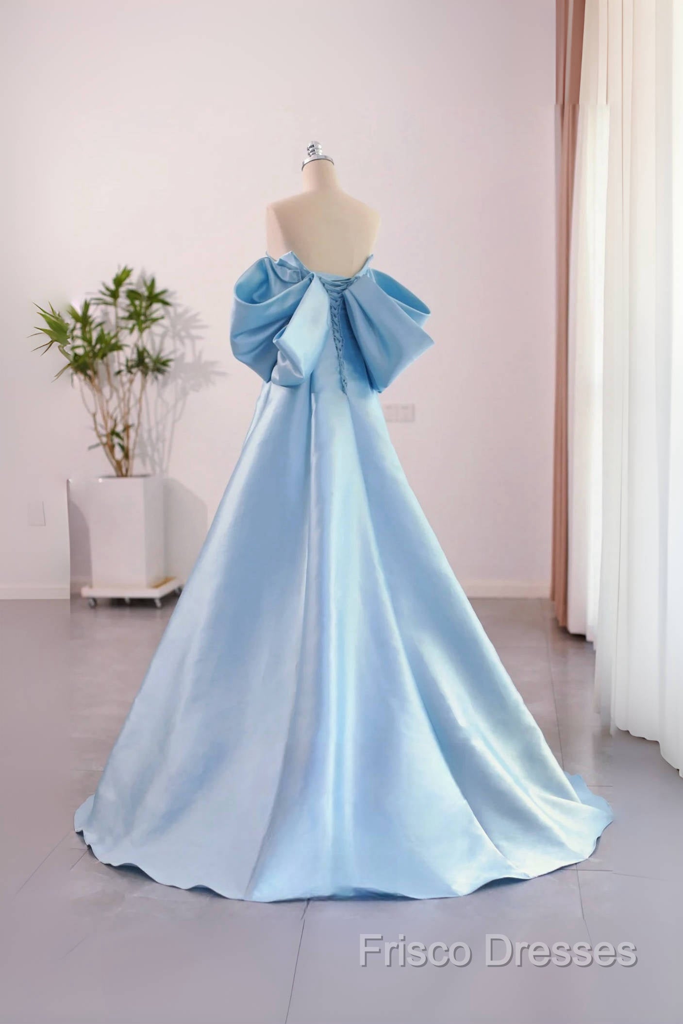 A-Line Satin Blue Long Formal Prom Dress With Bow Secondary image