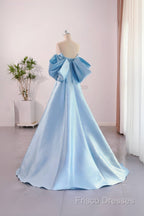 A-Line Satin Blue Long Formal Prom Dress With Bow