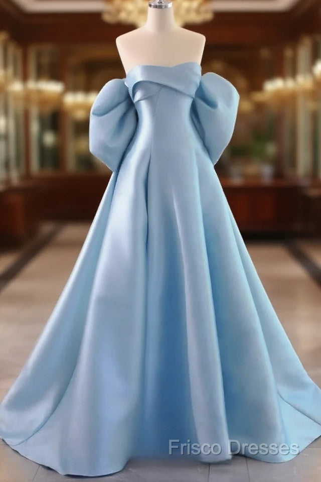 A-Line Satin Blue Long Formal Prom Dress With Bow Main image