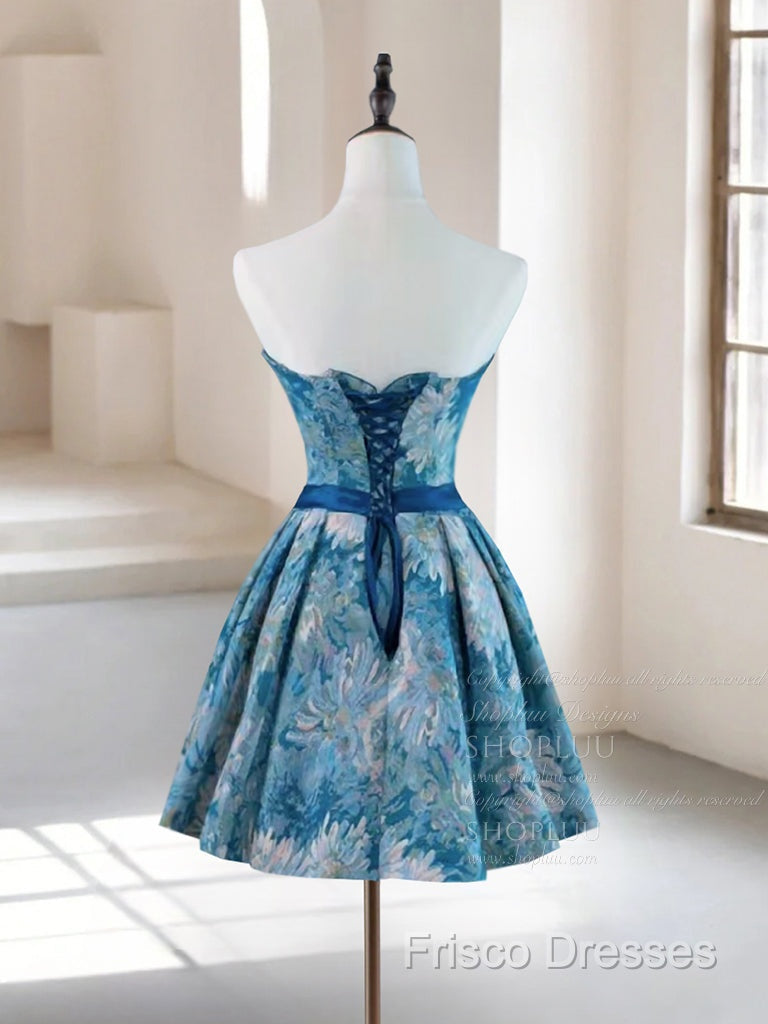 A-Line Satin Blue Short Formal Prom Dress, Blue Homecoming Dress