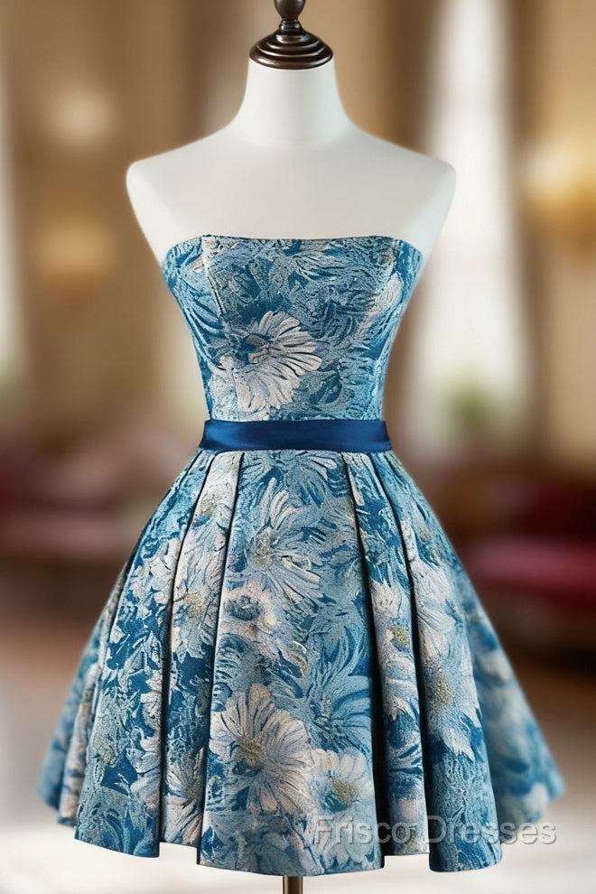 A-Line Satin Blue Short Formal Prom Dress, Blue Homecoming Dress Main image