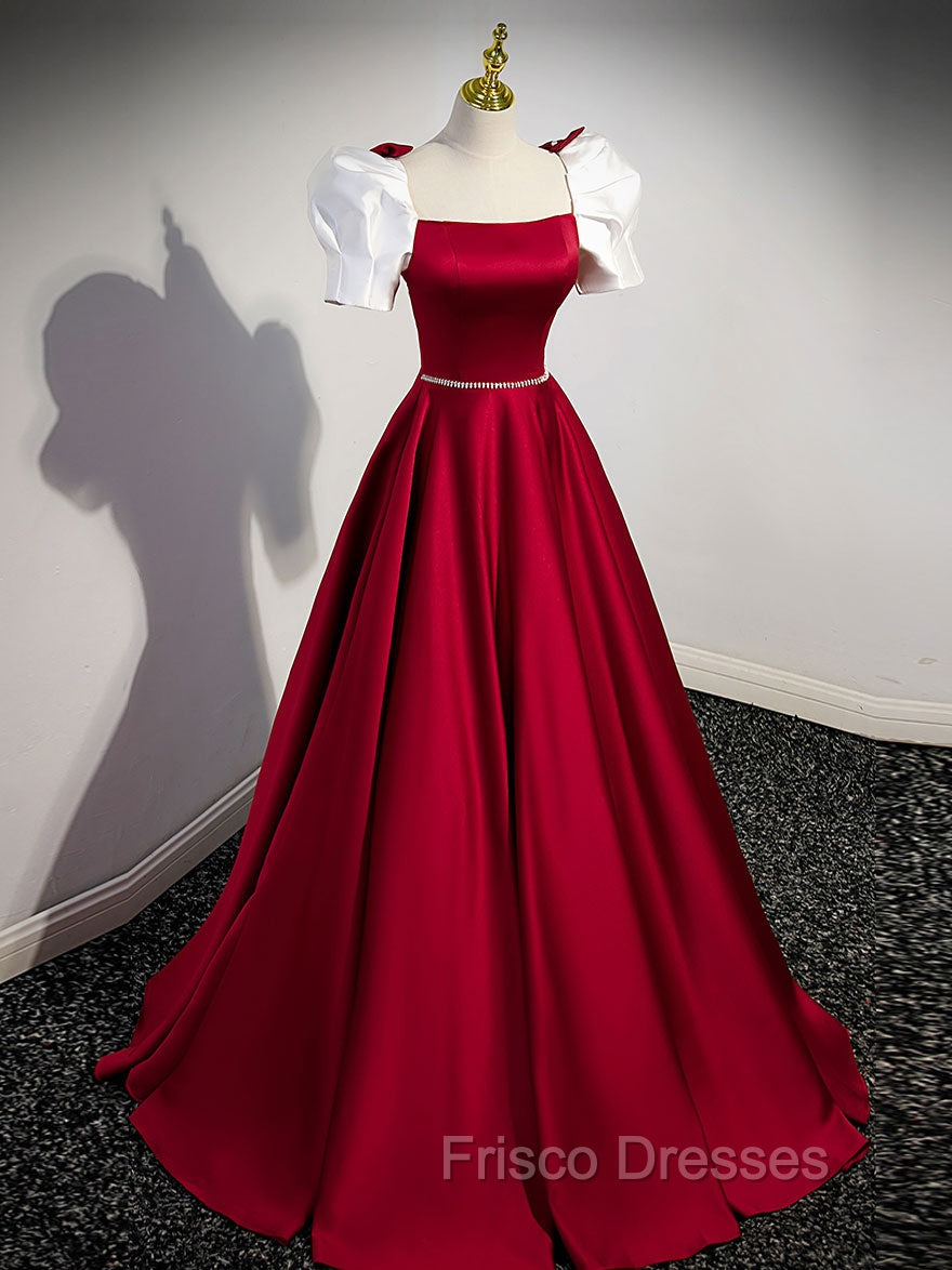 A-Line Satin Burgundy Long Formal Prom Dress, Puffy Sleeve Formal Evening Dress Secondary image