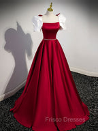 A-Line Satin Burgundy Long Formal Prom Dress, Puffy Sleeve Formal Evening Dress