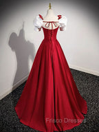 A-Line Satin Burgundy Long Formal Prom Dress, Puffy Sleeve Formal Evening Dress