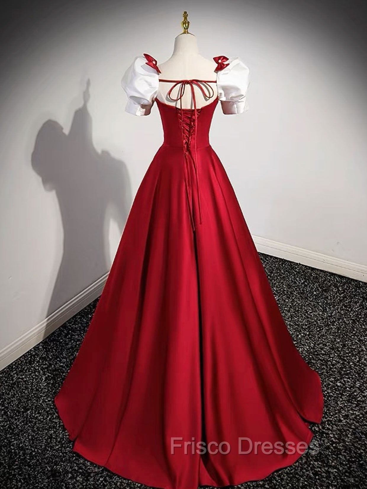 A-Line Satin Burgundy Long Formal Prom Dress, Puffy Sleeve Formal Evening Dress