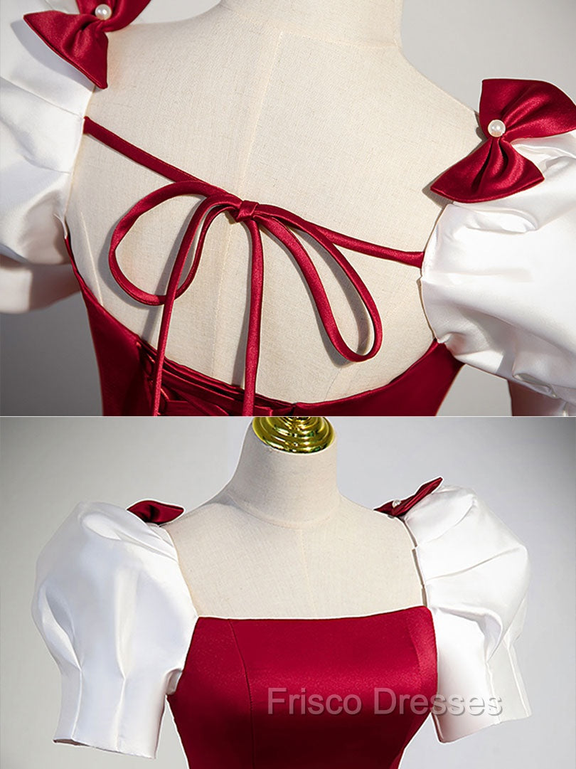 A-Line Satin Burgundy Long Formal Prom Dress, Puffy Sleeve Formal Evening Dress