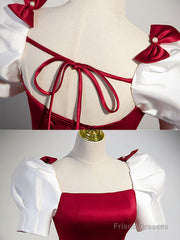A-Line Satin Burgundy Long Prom Dresses, Puffy Sleeve Formal Evening Dress