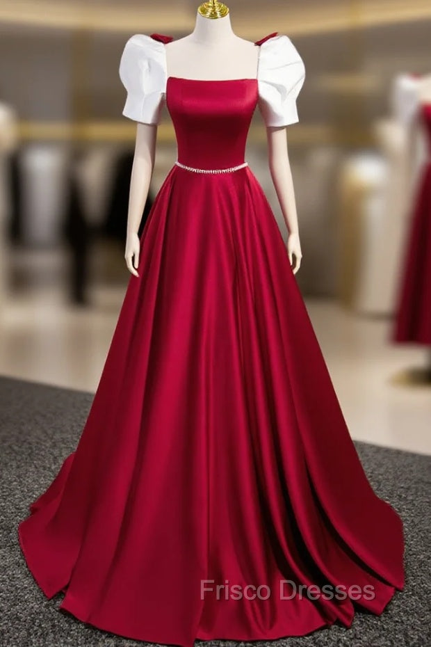 A-Line Satin Burgundy Long Formal Prom Dress, Puffy Sleeve Formal Evening Dress Main image
