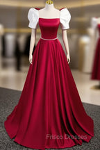 A-Line Satin Burgundy Long Formal Prom Dress, Puffy Sleeve Formal Evening Dress