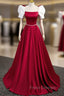 A-Line Satin Burgundy Long Formal Prom Dress, Puffy Sleeve Formal Evening Dress