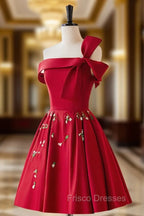 A-Line Satin Burgundy Short Formal Prom Dress, Burgundy Homecoming Dress with Beading