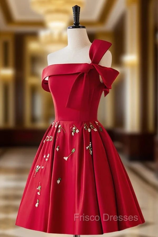A-Line Satin Burgundy Short Formal Prom Dress, Burgundy Homecoming Dress with Beading