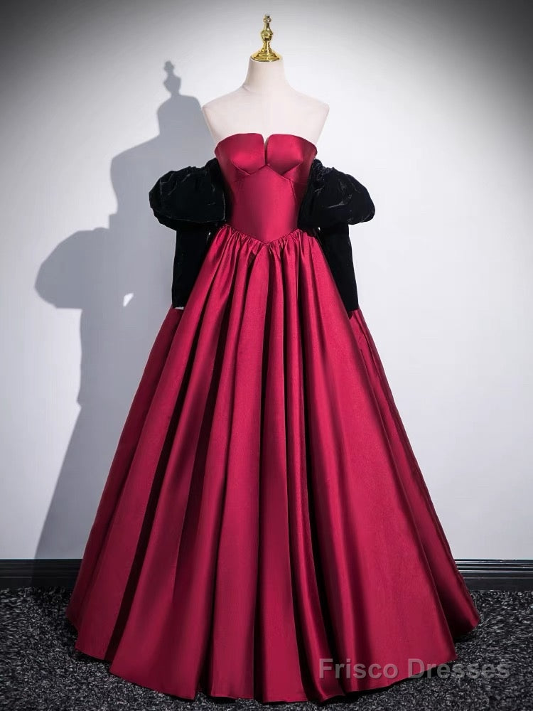 A-Line Satin Dark Red Long Prom Dress, Dark Red Evening Dress Main image