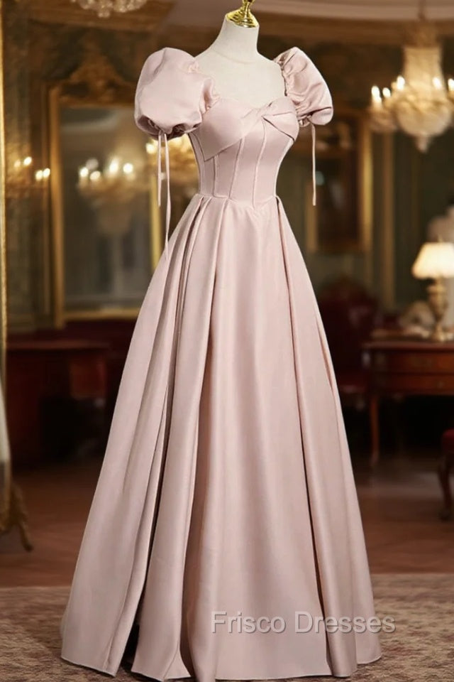 A-Line Satin Floor Length Pink Corset Formal Prom Dress, Off the Shoulder Evening Dress