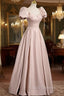 A-Line Satin Floor Length Pink Corset Formal Prom Dress, Off the Shoulder Evening Dress