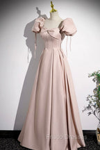 A-Line Satin Floor Length Pink Corset Formal Prom Dress, Off the Shoulder Evening Dress