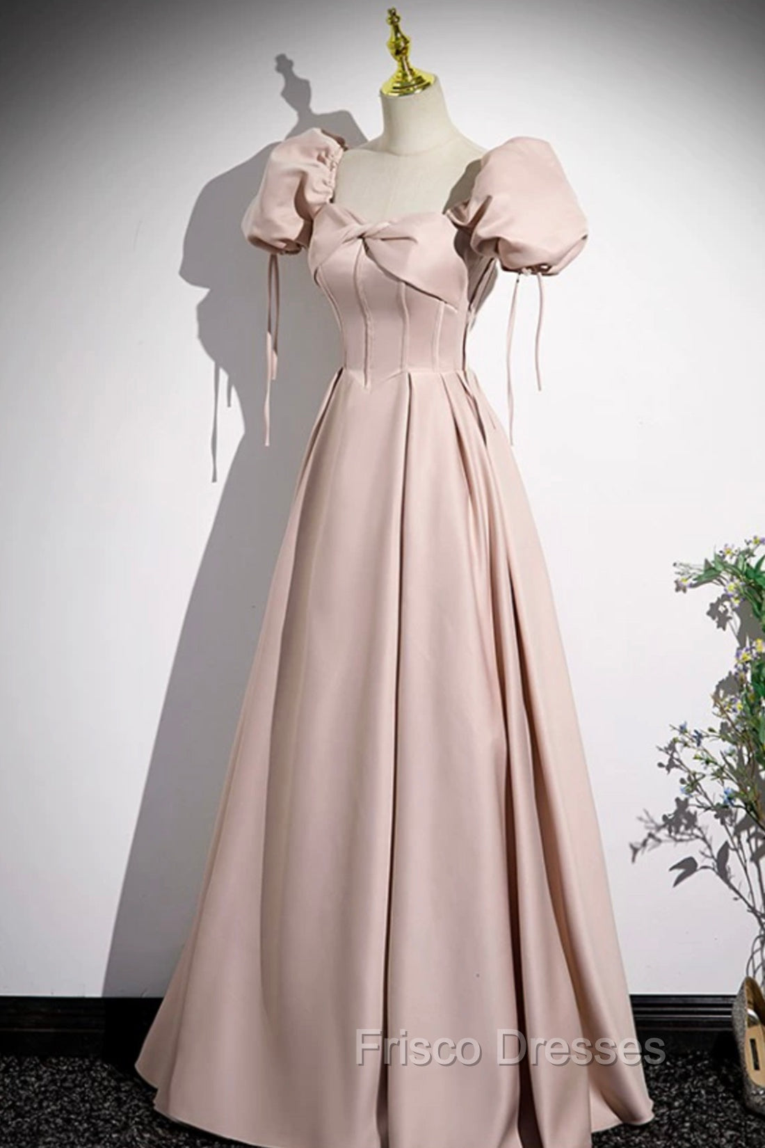 A-Line Satin Floor Length Pink Corset Formal Prom Dress, Off the Shoulder Evening Dress